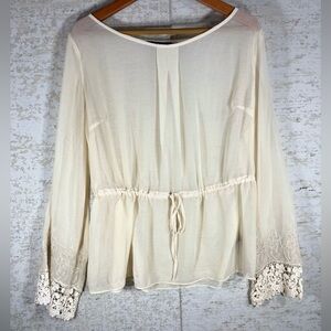 ARK & CO Blouse Large Ivory Feminine Sheer Top  Drawstring Waist Lace Cuffs